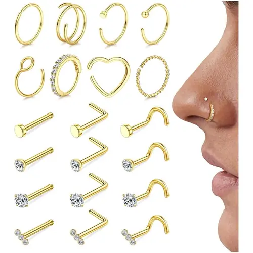YADOCA 20Pcs Hypoallergenic Surgical Steel Nose Piercing Jewelry Set - 18g-20g Hoops, L-Shape CZ Zirconia Studs, 14 Karat Gold Plated Small Nose Ring Piercing Jewelry for Women, Daily Wear