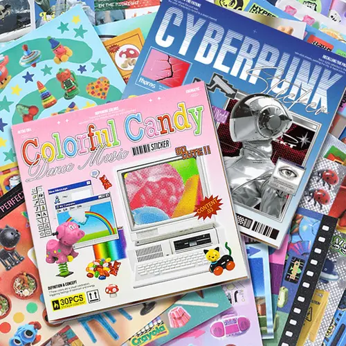 Retro & Future Sticker Book – 30 Sheets Cyberpunk Y2K & Dreamcore Anime, 90s/2000s Aesthetic Futuristic Cut-Out Stickers with Glitter, Glossy & Matte Finishes Vintage Marker Sticky Back Photo,summerwins