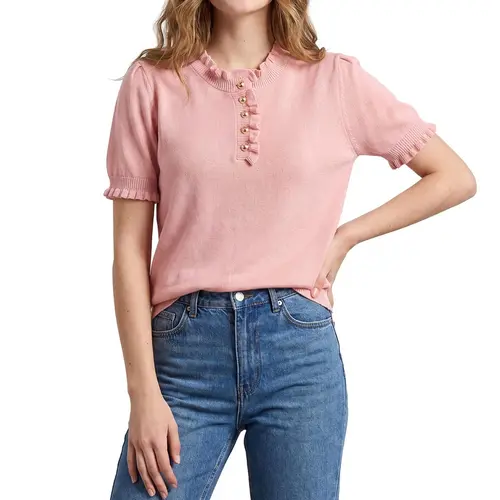 Shewin Women's Ruffle Trim Short Sleeve Knit Top, Crew Neck Half Button Lightweight Pullover Casual Basic Blouse,clothes for back to school,first day of school outfits