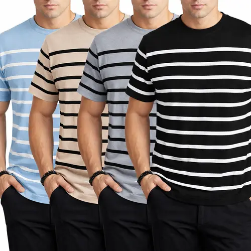 Men's Striped Short-Sleeve Knitted Sweater - 2026 Minimalist Viscose Polyester Knitting Tops, Commuting Daily Unisex Menswear Tshirt, Round Neck Streetwear (Spring & Autumn)