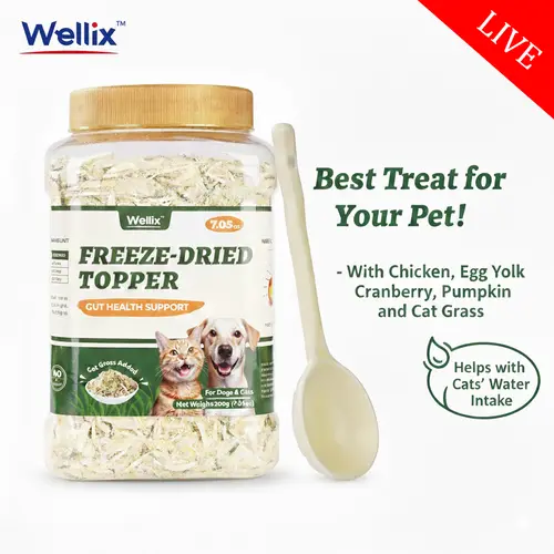 【Live Big Deal】Wellix Freeze-Dried Chicken Flavor Dog & Cat Food Topper, Feline Grass Treats for Hairball Treatment, Low-Calorie Training Treats (7.5oz)