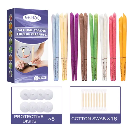 EELHOE Aromatherapy Ear Candle Set 16 Pieces with 8 Scents Natural Paraffin Candles for Relaxation & Ear Care Includes Protective Disks & Cotton Swabs