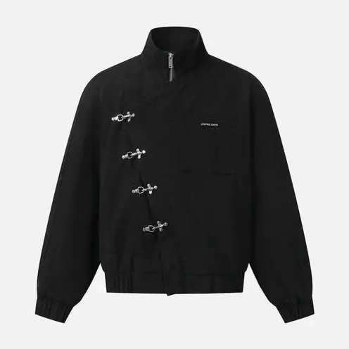 Aelfric Eden Boxy Jacket Long Sleeve Stand Collar Metal Button Slant Placket Retro Y2K Unisex Streetwear Casual Jacket,clothes for back to school,first day of school outfits