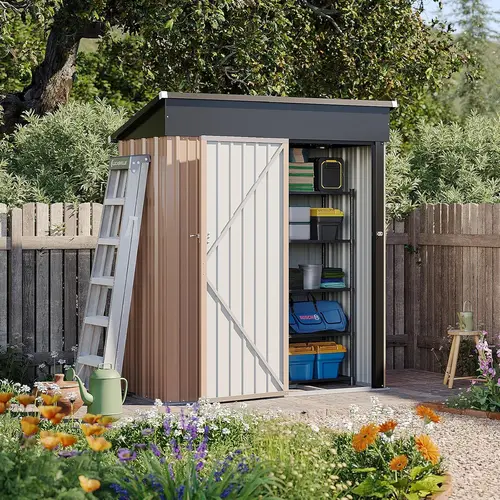 Aoxun 5x3 ft Heavy Duty Weatherproof Galvanized Metal Outdoor Storage Shed with Base, Slanted Roof, Stainless Latch, Durable Tool House for Patio, Brown, Metal Shed Garden Buildings, Heavy Duty Shed