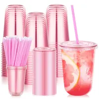 Kesaplan Summer Wins 50Pack 300ml/400ml Pink Plastic Party Cups with Lids and Straws,Disposable Iced Coffee Cup with Lids,Round Bottom Drinking Cups for Birthday Wedding Valentine's Galentine's Bachelorette Party