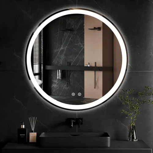 Sweetcrispy Round LED Lighted Bathroom Vanity Mirror - Defog on Demand, Dimmable 3-Color, Tempered Glass, Memory Function, Makeup-Ready Home Improvement Fixture