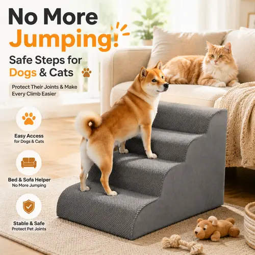 Sweetcrispy 3-Step High-Density Foam Pet Stairs Ramp, Indoor Dog Furniture with Curved Step Design, Washable Cover, Extra Joint Support, Tool-Free Quick Setup, Stable Non-Slip Support, Easy to Clean, for Beds, Sofas, Chairs