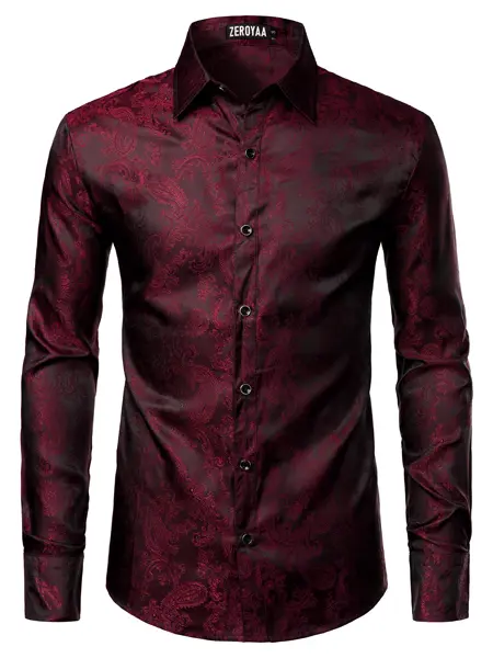 ZEROYAA Men's Paisley Jacquard Slim Fit Long Sleeve Button Up Dress Shirt for Party Prom