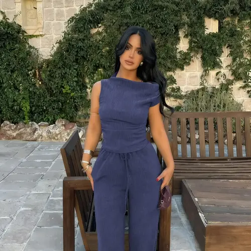 Solid Color Casual Minimalist Off-Shoulder Short Sleeve Fitted Top and Wide Leg Pants Set Outfits, Two Pieces Outfits, Womenswear Lady Stylish Two Piece for Everyday Wear, Clothes, Fashion Clothes Set, Summer Sets, Fitted Knit Set
