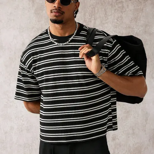 Men's Street Style Striped Round Neck Short Sleeve Casual Loose Fit T-Shirt, Summer Fashion Tee, Comfortable and Stylish, Streetwear, Tops