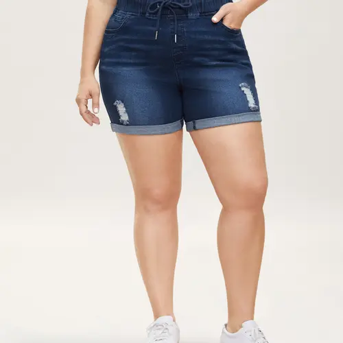 BLOOMCHIC Women's plus size denim shorts[M-6X] - Distressed,Drawstring,Roll Hem,Elastic Comfy Waist,Flattering Fit,Curvy Clothing,hot girl summer outfit,2026 Summer Everyday Wear,Bottom Womenswear Leg,Summerfinds