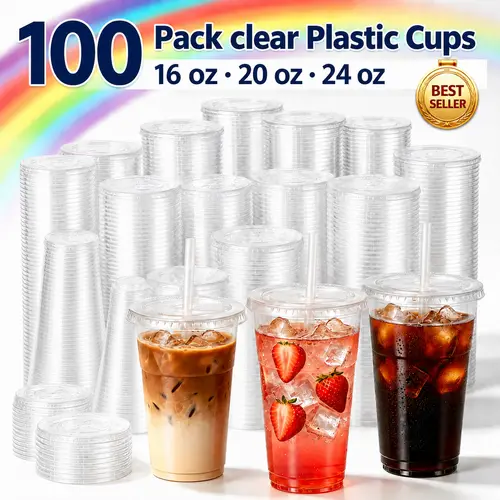 100-Pack Disposable Transparent BPA-Free Plastic Iced Coffee Cups with Lids and Straws, 16oz-20oz-24oz Sturdy Cups for Parties, Picnics (Home, Festive & Party Supplies),summerwins,beachessentials,campingessentials