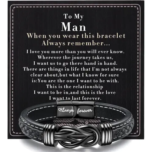 YADOCA Men's Engraved Leather-Stainless Steel Cuff Bracelet with Infinity Knot, Men's Accessories, Boyfriend Gifts, Anniversary Gift for Him, Thanksgiving Present