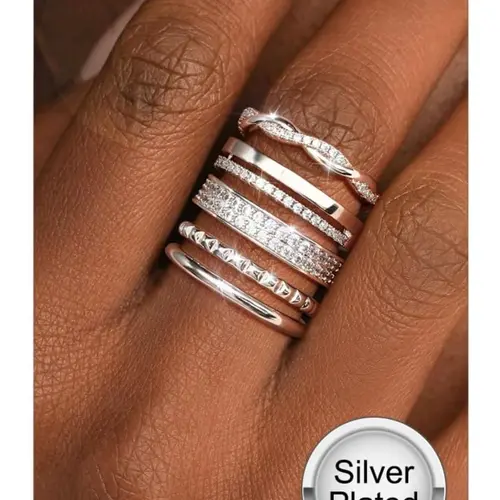 Non-Tarnish Gold Silver Stackable Rings for Women, 14K Gold Plated Waterproof Thin Chunky Bands, Cubic Zirconia Thumb Ring Set 2-4mm, Stunning Ring Set, Trendy Statement Promise Engagement Fashion Rings, Size 5-10