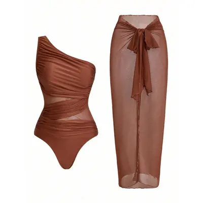 Women's Solid Color Ruched Mesh Panel 1-Piece Swimsuit, Bathing Suit With Sarong Skirt For Summer Beach Vacation, One Piece Swimsuit