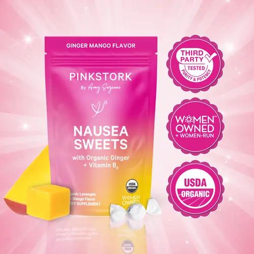 Pink Stork Nausea Support Sweets with Vitamin B6 | 3 Flavors Available | USDA Organic | Peppermint | Ginger | Women's Edible Selfcare Digestive Health Blended Vitamins and Minerals Supplements Chewables Balance Gummies
