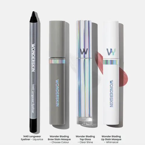 Wonderskin Essentials Set - Longwear Beauty Must-Haves - Lip Stain, Eyeliner, Brow Stain & Clear Gloss Kit