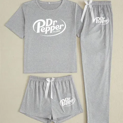 Women's 3-Piece Sleepwear Set with Pepper Doctor Logo Print, Casual Cartoon Design Fitted Pajama Set, Comfortable Loungewear, Cozy Matching Sleepwear for All Seasons