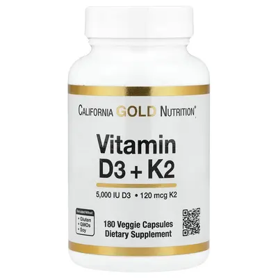 California Gold Nutrition Vitamin D3 + K2 as MK-7, 180 Veggie Capsules