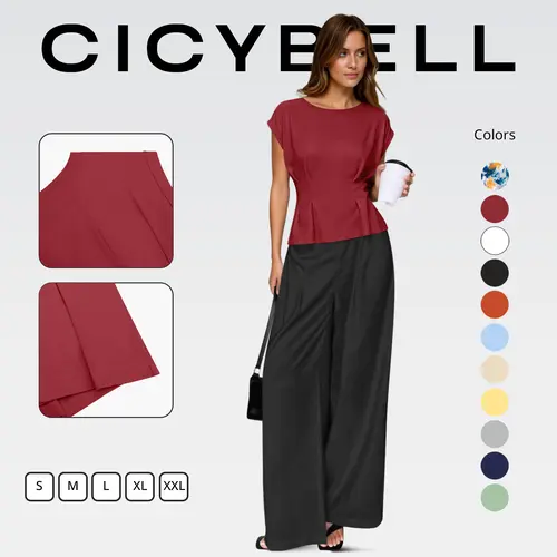 Cicy Bell Womens Peplum Tops Summer Babydoll Cap Sleeve T-Shirts Dressy Casual Crew Neck Pleated Blouses