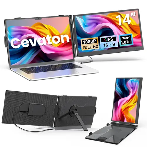 Cevaton 14" Portable Monitor for Laptop, Laptop Screen Extender, Single Second Monitor for 13.3"-17.3" Laptops, Lightweight External Display, USB-C Video or HDMI + Power, Monitor Only