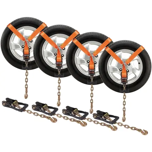 【Fallpicks】VEVOR Heavy-Duty Car Tie Down Straps with Chain Anchors & Hooks, 2"×120" Lasso Style, 5865 LBS Working Load, 11023 LBS Breaking Strength, Ratchets, 4-Pack Luggage Accessory for Truck, Passenger Car Automobile Maintenance (Stable & Secure Load)