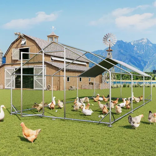 Aoxun Galvanized Steel Walk-In Chicken Coop - Coated Metal Outdoor Enclosure with 420D Oxford Fabric Cover, Spire Roof, Pocket, Lockable Door, Hex Mesh, Rainproof, Predator-Safe, Easy-Maintenance Farm Cage for Chickens, Geese, Ducks