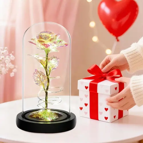 Colorful Light-Up Rose in Easy-Clean Glass-and-Wood Dome with Wooden Box - Home Decor Ornament, Christmas/Anniversary Gift for Girlfriend, Friends, Sisters