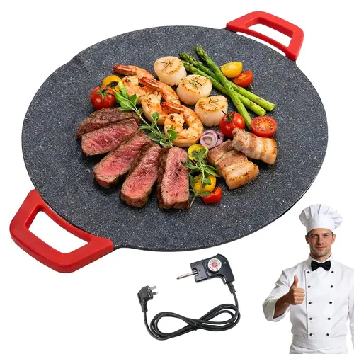 14" Round Corded Smokeless Indoor Electric Grill with Universal Nonstick Griddle Plate - Compact, Fast-Heating, Lightweight Tabletop Grill for Korean Barbecue, Steaks, Family, Parties Everyday Cooking (Cable-Included)