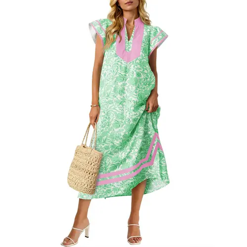 Wenrine Women's Soft Imported Boho Vibe Maxi Dress - Short Cap Sleeves, V-Neck, Color Block, Side Slit, Loose Fit, Floral Print, Pocket, Summer Brunch Outfit Ideas Casual Beach Dress