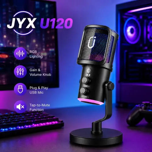 JYX U120 RGB Gaming Microphone - Noise-Canceling Plug-and-Play Audio Mic with RGB Lights, 1-Tap Mute, Headphone Jack, Compact Durable Metal Design for PC, Mac, PS5, PS4, Gamer Stuff Recording, Streaming