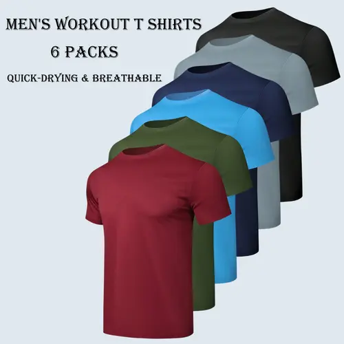 6 Pack Men's Fitted Plain Crew Neck Short Sleeve Activewear, Quick-Drying Breathable Compression Workout Tops, Cooling Clothing for Gym, Running, Everyday Active Sports & Outdoor Use (sohochic)