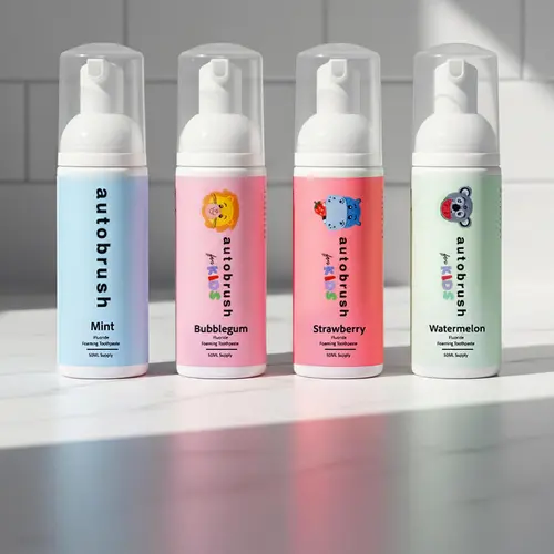Autobrush Kids Foam Toothpaste Sampler | 4 Flavors: Mint, Bubblegum, Strawberry & Watermelon | Works with Any Toothbrush | Fluoride or Nano-HAp | Doubles as Mouthwash