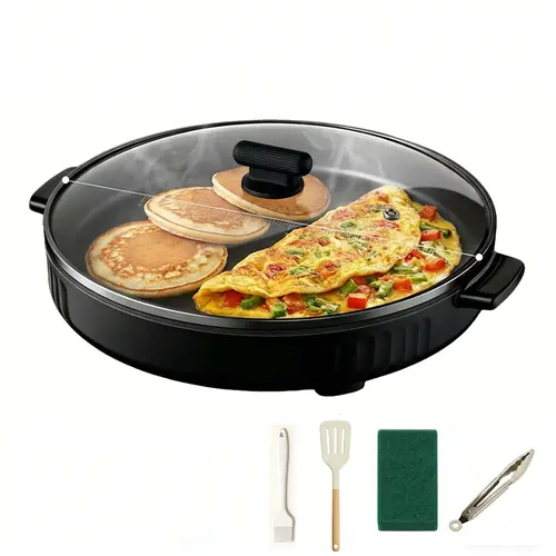PRTYY Multi-Functional Cooker - Electric Skillet & Grill, 4cm Spillsafe Depth, Non-Stick Surface, Easy to Clean, Flip Pancakes Easy, Fry Grill Cook, Glass Lid, Ideal for Breakfast Eggs & Daily Household Kitchen Use