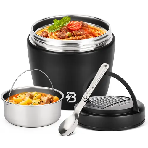 TSAKBAM 40OZ Wide Mouth Stainless Steel Lunch Box, Leak-Proof Portable Foldable Insulated Food Jar with Spoon for Hot Food (Adults)