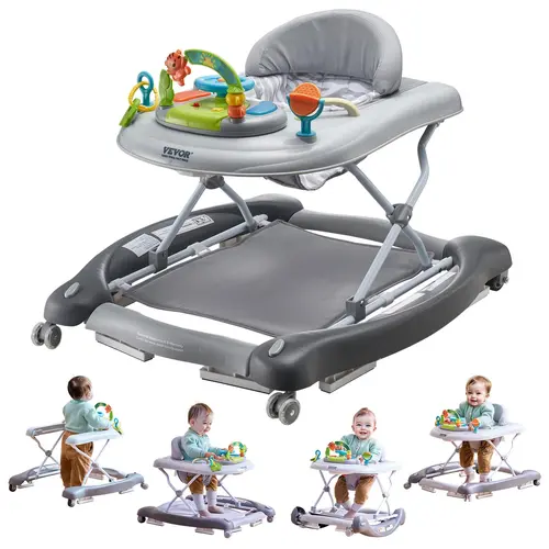 【Father's Day】VEVOR 4-in-1 Baby Walker, Foldable Baby Activity Center on Wheels, 3 Adjustable Height, Music & Toys Tray, Learning-Seated | Walk-Behind | Rocker | Bouncer Toddler Walker for Girls Boys  6-24 Months