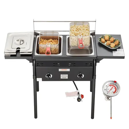 【DealsForYouDays】VEVOR Outdoor Propane Deep Fryer, Double Burners Commercial Fryer, 16 Qt Stainless Steel Cooker with Removable Baskets & Lids & Tanks, Oil Fryer Cart with Thermometer & Regulator, For Outdoor Cooking