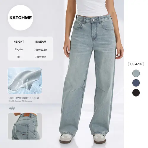 KatchMe Women's Vintage Mid-Rise Denim Dart Seam Wide Leg Jeans, Street Style Multi-Pocket Flexible Wrinkle-Resistant Trousers, Durable Baggy Daily Womenswear