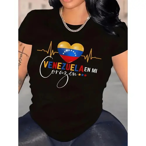 Lady Venezuelan heart pattern printed T-shirt, round-neck short-sleeved blouse, casual top, regular length, suitable for all seasons and comfortable to wear throughout the year.