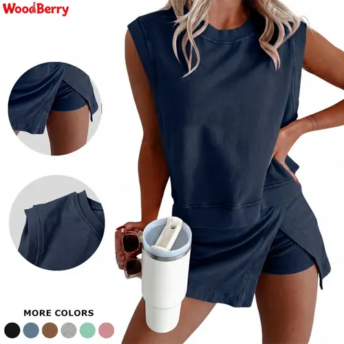 WoodBerry Women's 2-Piece Athletic Clothes Set, Cotton Tank Top & Lined Split Athletic Skirt, Casual Summer Lounge Wear for Travel, Matching 2 Piece Sets for Women, Tank Tops, Matching Sets For Women, 2 Piece Sets Women