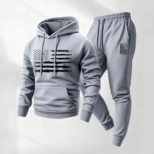 Men's American Flag Print Hoodie and Drawstring Sweatpants Set, Menswear, Casual Athletic Long Sleeve Hooded Jacket & Trousers for Fall & Winter, Men's Clothing for Daily Wear, Sportswear Indoor Outdoor, Tracksuit, Athleisure Summer Clothes