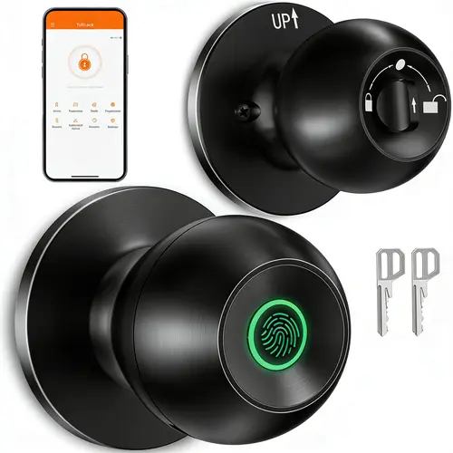 [Deals for You Days]EUERTE Smart Door Knob, Fingerprint Door Knob, Biometric Smart Door Lock with App Control, Metal Alloy Door Knobs, Easy Installation, Great for Bedrooms, Cloakroom, Apartments Offices, Hotel(Black),FathersDayGift