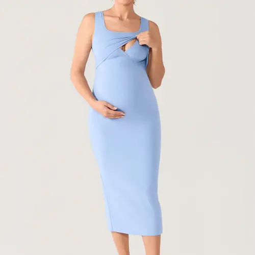 MOMANDA Sleeveless Maternity Nursing Dresses Square Neck Pregnancy Bodycon Midi Tank Dress for Breastfeeding Daily