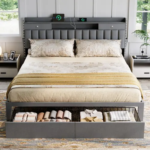 TryLazy Bed frame for Queen Bed Frame with Headboard&Charing Station,NO MATTRESS, Luxury Upholstered Bed Frame with Storage, 2 Drawers & Shelf on Headboard, NO Noise, KING, QUEEN, FULL