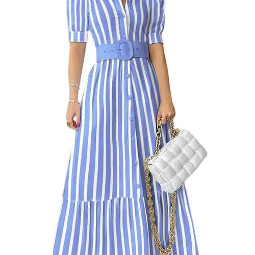 Ebossy Women's Striped Button-Down Casual Puff Short-Sleeve Ruffle Hem Maxi Dress with Belt - Soft Cotton, Hand Washable, M Size, Business-Casual & Spring-Summer Beach Wear, Blue Womenswear