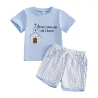 Babamoon ToddleR Baby Boys Easter Outfits Shorts Sets Short Sleeve Jesus Loves Me This I Know House Embroidery Tops T shirt Plaid Shorts Clothing 6M-4Y