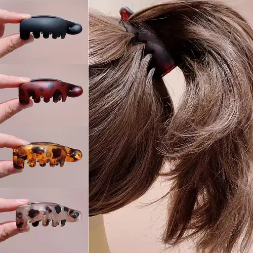 4 Single Banana Hair Clips for Women- Vintage Oval Leopard Print, Amber and Black, Suitable for Secure Ponytails, Bun Hairstyles, and Curly Hair Styles
