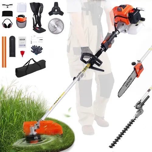 【toolupgrade】VEVOR 63cc 2-Cycle Gas Power 5-in-1 Handheld Tool Set - Gas Hedge Trimmer, String Trimmer, 3T/40T Brush Cutter, Rust-Resist Aluminum Pole Saw, Cordless Weed Eater with Rubber Grip & Protective Gear for Branches/Vines