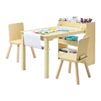 VEVOR Child-Sized Wooden Art & Activity Furniture Set - Toddler Craft Desk with 3-Tier Storage Organizer, 2 Chairs, Kid-Safe Design for Reading, Learning at Home, Light Wood Children's Table & Desk