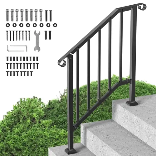 VEVOR Outdoor Handrail Kit, 2-3 Step Carbon Steel Metal Rail with Adjustable Angle, 220 lbs Load Capacity, Nuts & Installation Kit, Black Retro Arch for Seniors, Concrete Steps